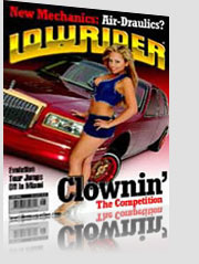 Lowrider Magazine Cover w/ blonde model in denim outfit by red pimp car