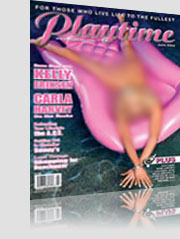 Carla & Kelly Harvey Playtime Magazine Cover on pink floating tube in water 