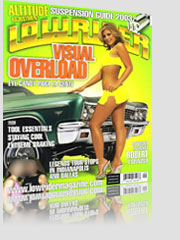 Lowrider Visual Overload Magazine Cover w/ model in short yellow skirt next to green race car