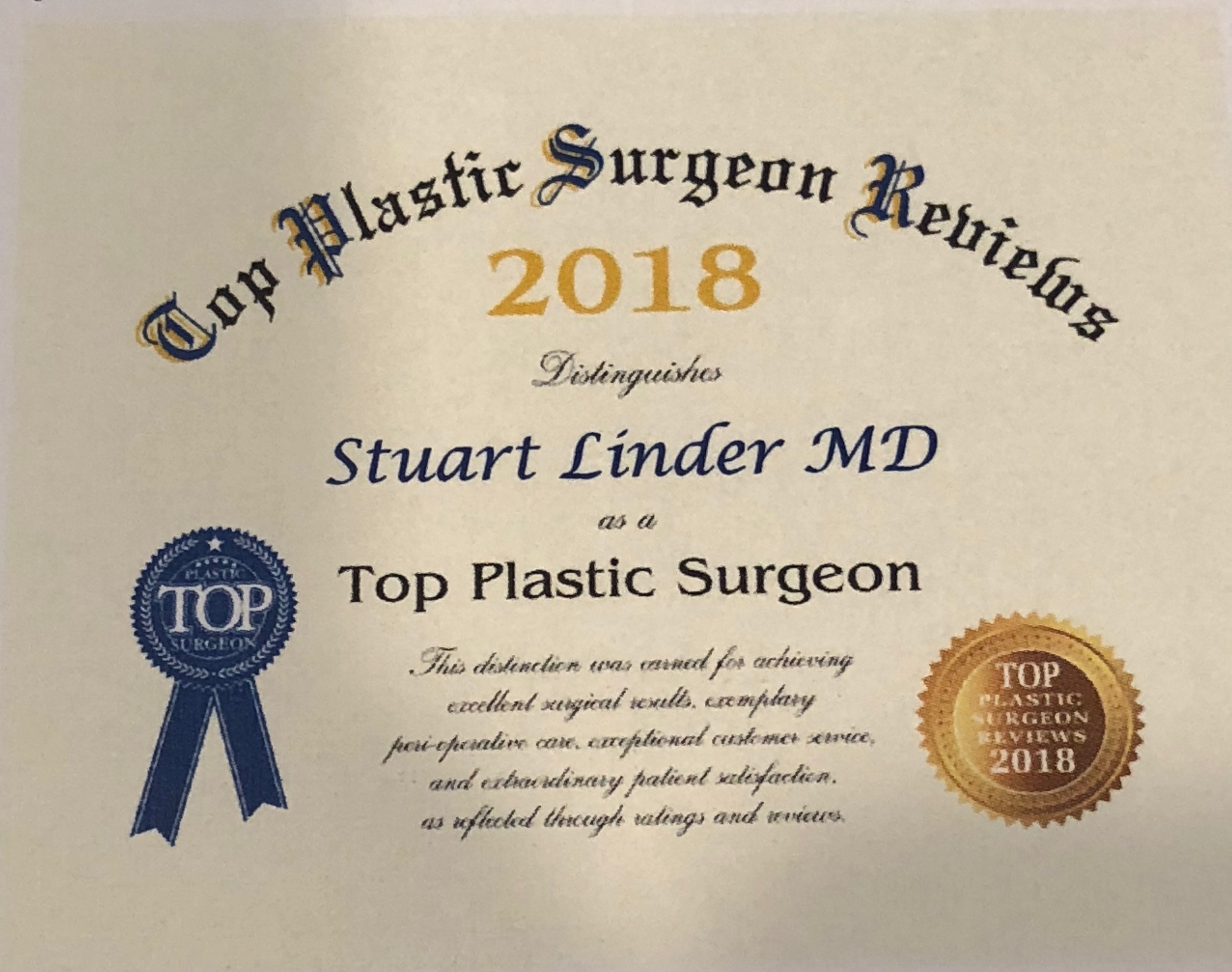 Top Plastic Surgeon Reviews 2018 Certificate 